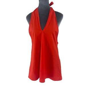 J.Crew Wms Summer Resortwear Red Cotton Halter Top Deep V-Neck Open Back L NWT